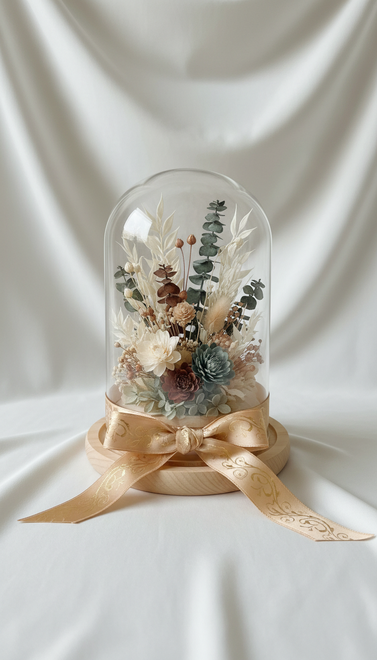 Celadon mist glass dome arrangement